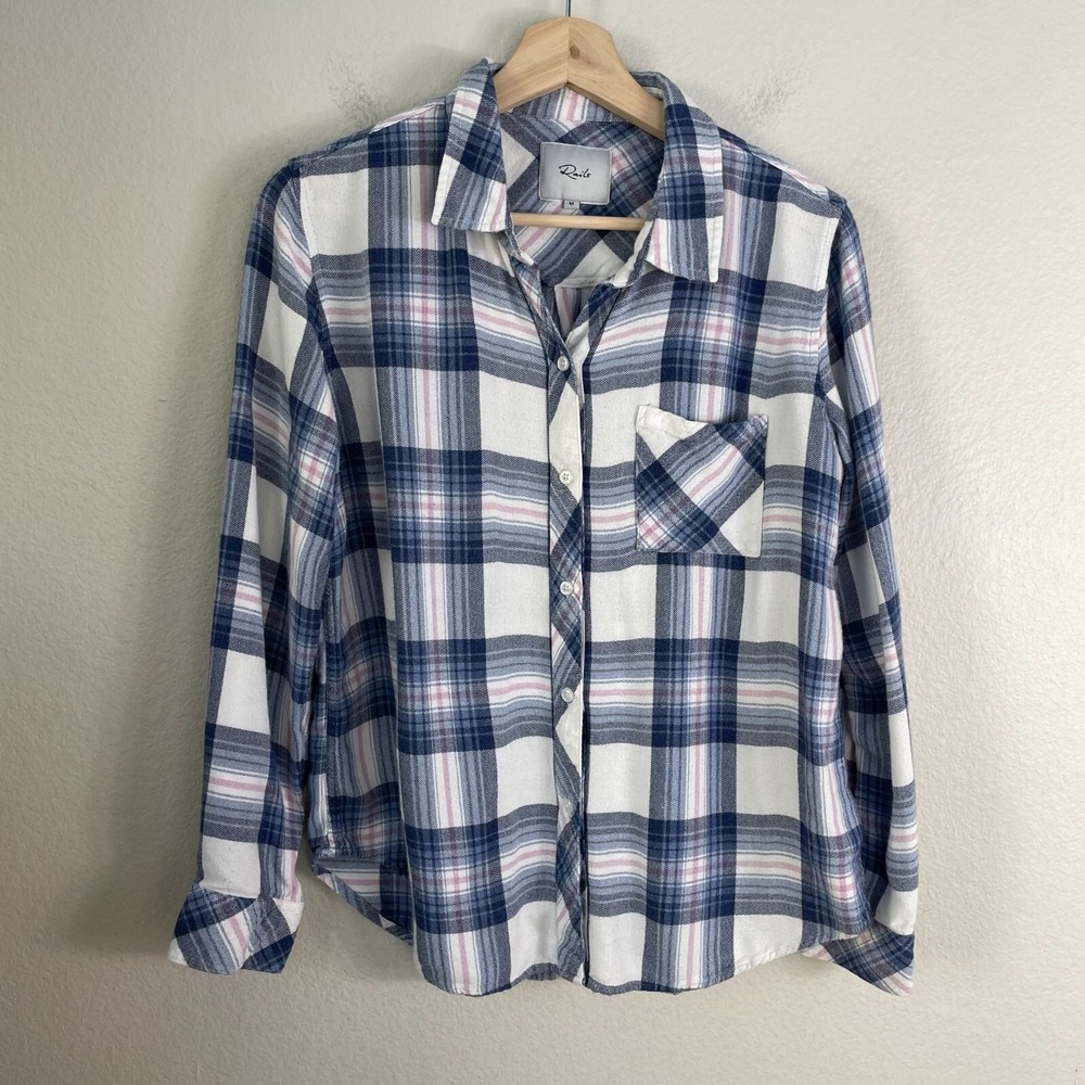 Rails Womens Medium Blue White Plaid Button Up Flannel Shirt Long Sleeve Top